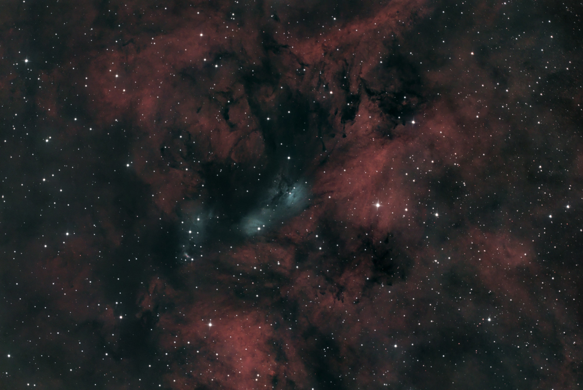 NGC 6914 ist ein farbenprächtiger Nebelkomplex im Sternbild Schwan, der aus einer faszinierenden Mischung aus roten Emissions- und blauen Reflexionsnebeln besteht. Dunkle, undurchsichtige Staubwolken durchziehen das Gebiet und bilden markante Silhouetten vor dem leuchtenden Hintergrund.